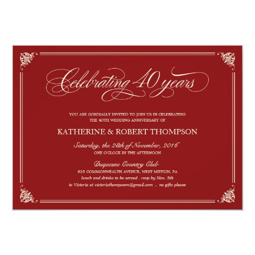 Formal Ruby 40th Anniversary Invitations | Zazzle