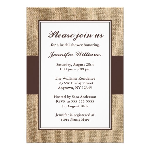 Formal Rustic Burlap Brown Bridal Shower Invites