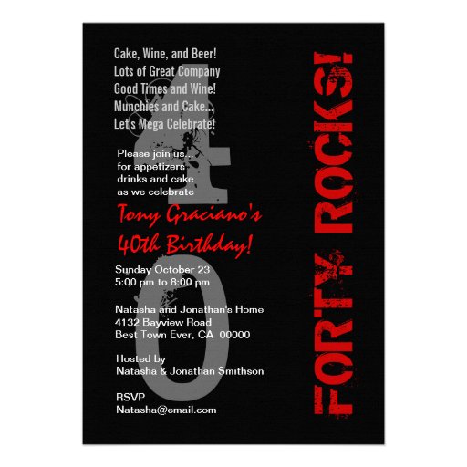 Forty Rocks! Birthday Black White Red Linen Invitation