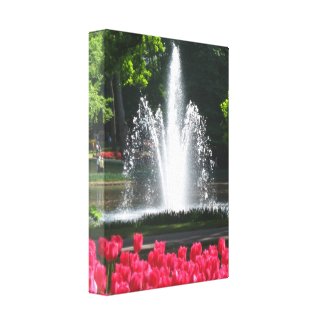 Fountain with pink tulips gallery wrap canvas