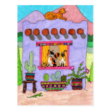 Four Cats at a Purple Adobe House Postcard