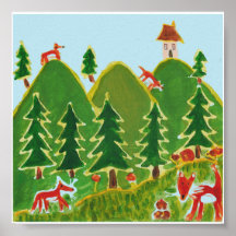 Four Foxes on the hills painting Posters