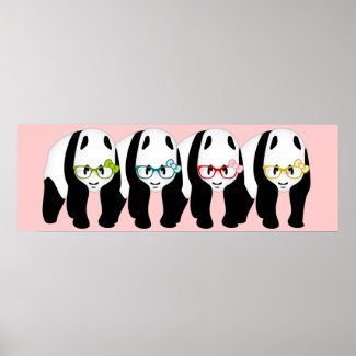 Four panda bears wearing glasses poster