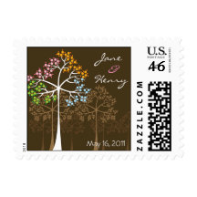 Four Seasons Trees on Brown Invitation Stamps