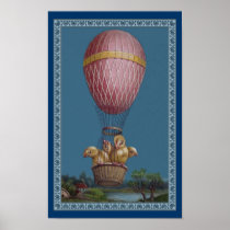 Four Yellow Chicks in Hot Air Balloon Poster