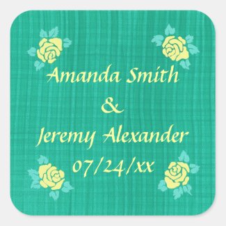 Four Yellow Roses Green Teal Plaid Save the Date Square Sticker