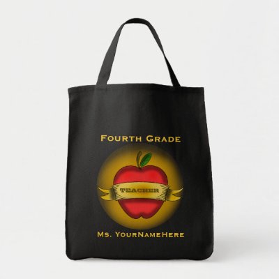 A bag for teachers featuring a vintage tattoo inspired design of a red apple with a banner that reads "TEACHER." Customize with your name under design.