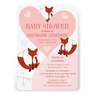Fox and Hearts Baby Girl Shower Invitations