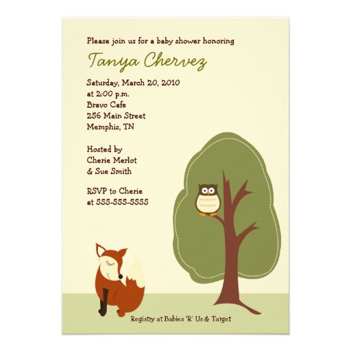 Fox and Owl  Woodland Forest Baby Shower 5x7 Invites