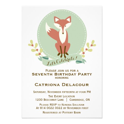 Fox Portrait Floral Kids Birthday Party Invitation