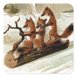 Fox Sleigh Ride Vintage Print Square Sticker