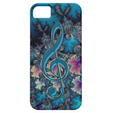 Fractal Blues with Metallic Music Clef iPhone Case iPhone 5 Cases