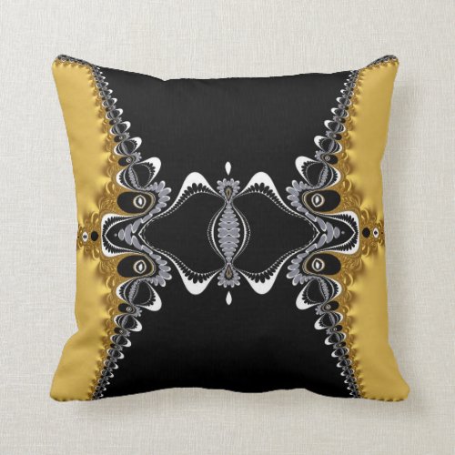 Fractal Waves Gold+Black Art Cushion Throw Pillow