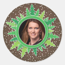 Frame with Christmas Trees on brown bg Round Sticker