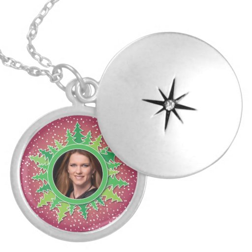 Frame with Christmas Trees on pink bg Personalized Necklace