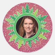 Frame with Christmas Trees on pink bg Round Stickers
