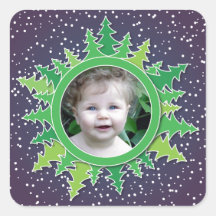 Frame with Christmas Trees on purple bg Square Sticker