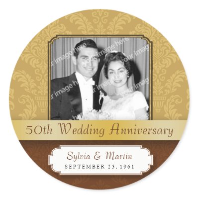 50th Wedding Anniversary Photo Sticker Framed Damask Golden 50th 