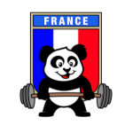 This cute bodybuilding panda loves weightlifting. He stands in front of a large flag of France. Look how easy he lifts that heavy barbell loaded with weight plates. This design is too cute. Great gifts here for anyone from France who loves weightlifting.