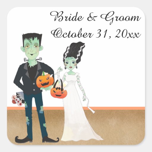 Frankenstein and Bride Halloween Wedding Square Sticker Zazzle