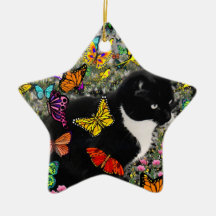 Freckles in Butterflies - Black and White Kitty Christmas Ornaments