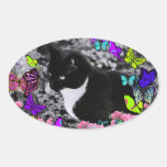 Freckles in Butterflies II - Tuxedo Cat Oval Stickers