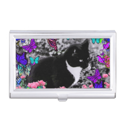 Freckles in Butterflies III, Tux Kitty Cat Business Card Holder