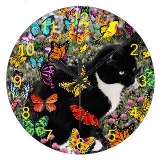 Freckles in Butterflies - Tux Cat Yellow Clock