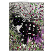 Freckles in Flowers I - Black and White Tux Kitty Card