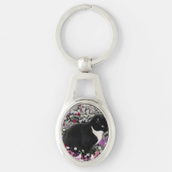 Freckles in Flowers II, Black and White Tuxedo Cat Silver-Colored Oval Metal Keychain