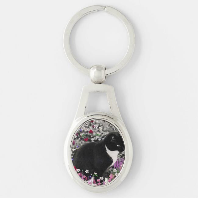 Freckles in Flowers II, Black and White Tuxedo Cat Silver-Colored Oval Metal Keychain