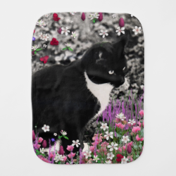 Freckles in Flowers II, Black and White Tuxedo Cat Baby Burp Cloth