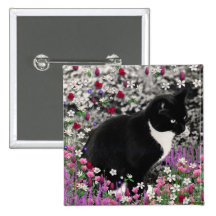 Freckles in Flowers II - Tuxedo Kitty Cat Button