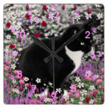 Freckles in Flowers II - Tuxedo Kitty Cat Square Wall Clocks
