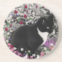 Freckles in Flowers II - Tuxedo Kitty Cat Beverage Coasters