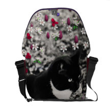 Freckles in Flowers II - Tuxedo Kitty Cat Messenger Bags