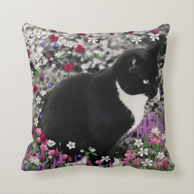 Freckles in Flowers II, Tuxedo Kitty Cat Throw Pillows