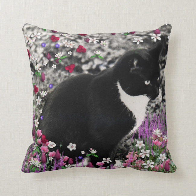 Freckles in Flowers II, Tuxedo Kitty Cat Throw Pillows Freckles in Flowers II, Tuxedo Kitty Cat Throw Pillows