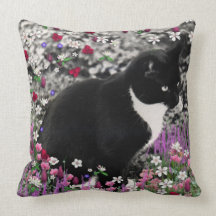 Freckles in Flowers II - Tuxedo Kitty Cat Throw Pillows