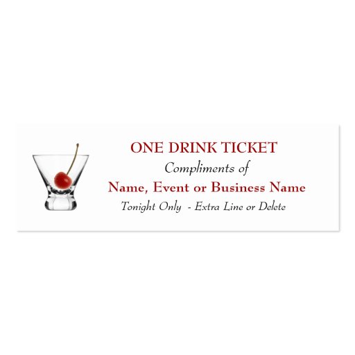 Free Complimentary Drink Ticket Bar Special Events Business Card