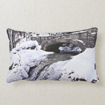 Freezing stream and bridge throw pillow