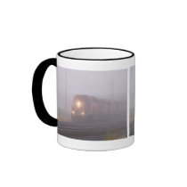 Freight Train Running in Morning Fog mugs