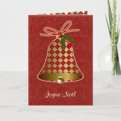 French Christmas Card with bell and holly