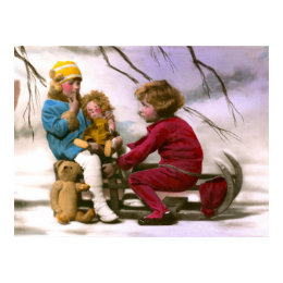 French girls playing with their toys in the snow print