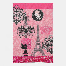 French Girly Eiffel Tower, Puppy & Damask Elegant Towel