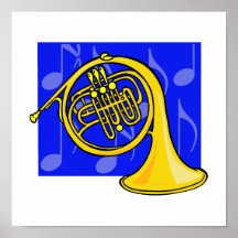 French Horn, Yellow, With Blue Notes Back Poster