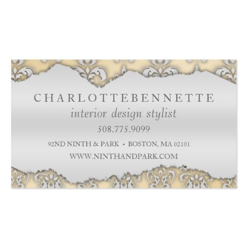 French Lace Ripped Damask Interior Design Business Card Template (back side)