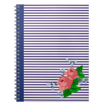 French navy blue sailor stripes and roses spiral note book