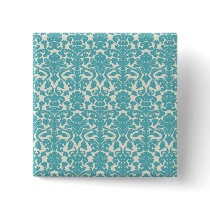 French Ornament Vintage Floral Damask Blue, White Pinback Button