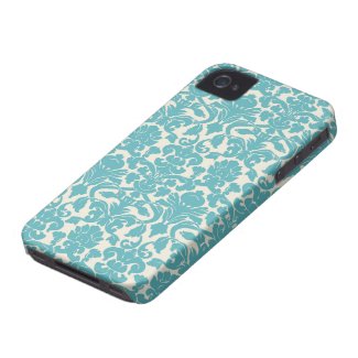 French Ornament Vintage Floral Damask Blue, White Iphone 4 Covers